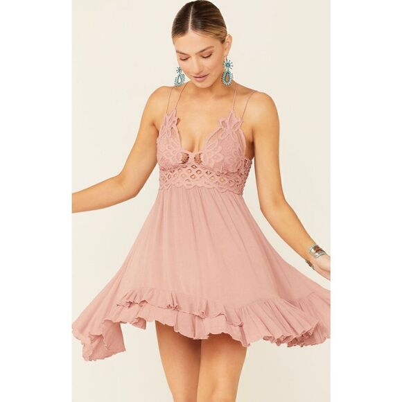 Free People Women's Adella Slip Mini Laced Ruffled Rose Dress Size S NWT - Picture 2 of 5